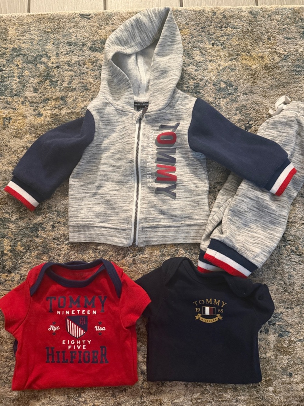 Tommy Hilfiger Gray & Navy Zip Hoodie with Red, Navy & Red Bodysuits Set